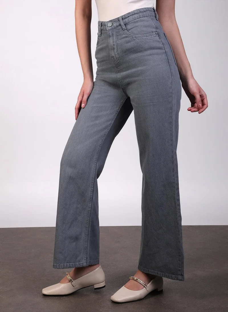 Urbano Fashion Urbano Fashion Women's Light Grey Regular Fit Wide Leg Washed Jeans